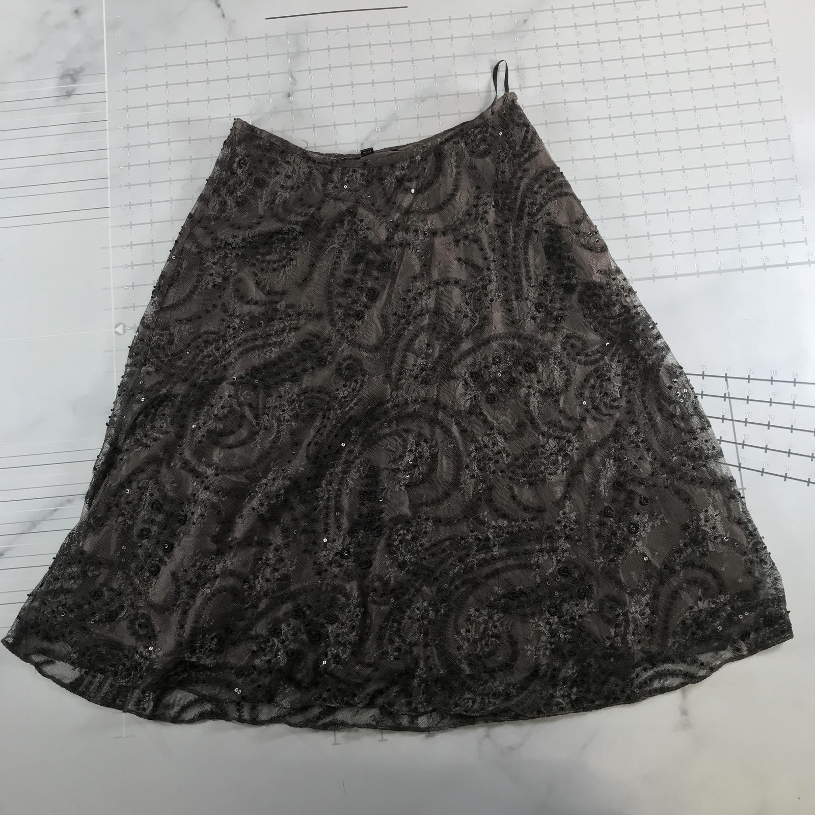 Lafayette 148 New York Skirt Womens 8 Brown Paisley Beaded Sequin A Line Silk