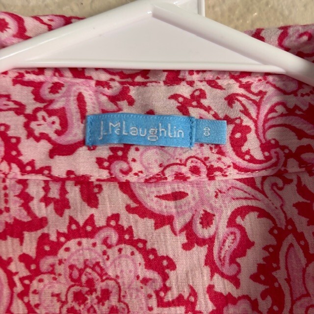 J McLaughlin Top Womens 8 Button Shirt Long Sleeve Red Pink White Paisley Floral