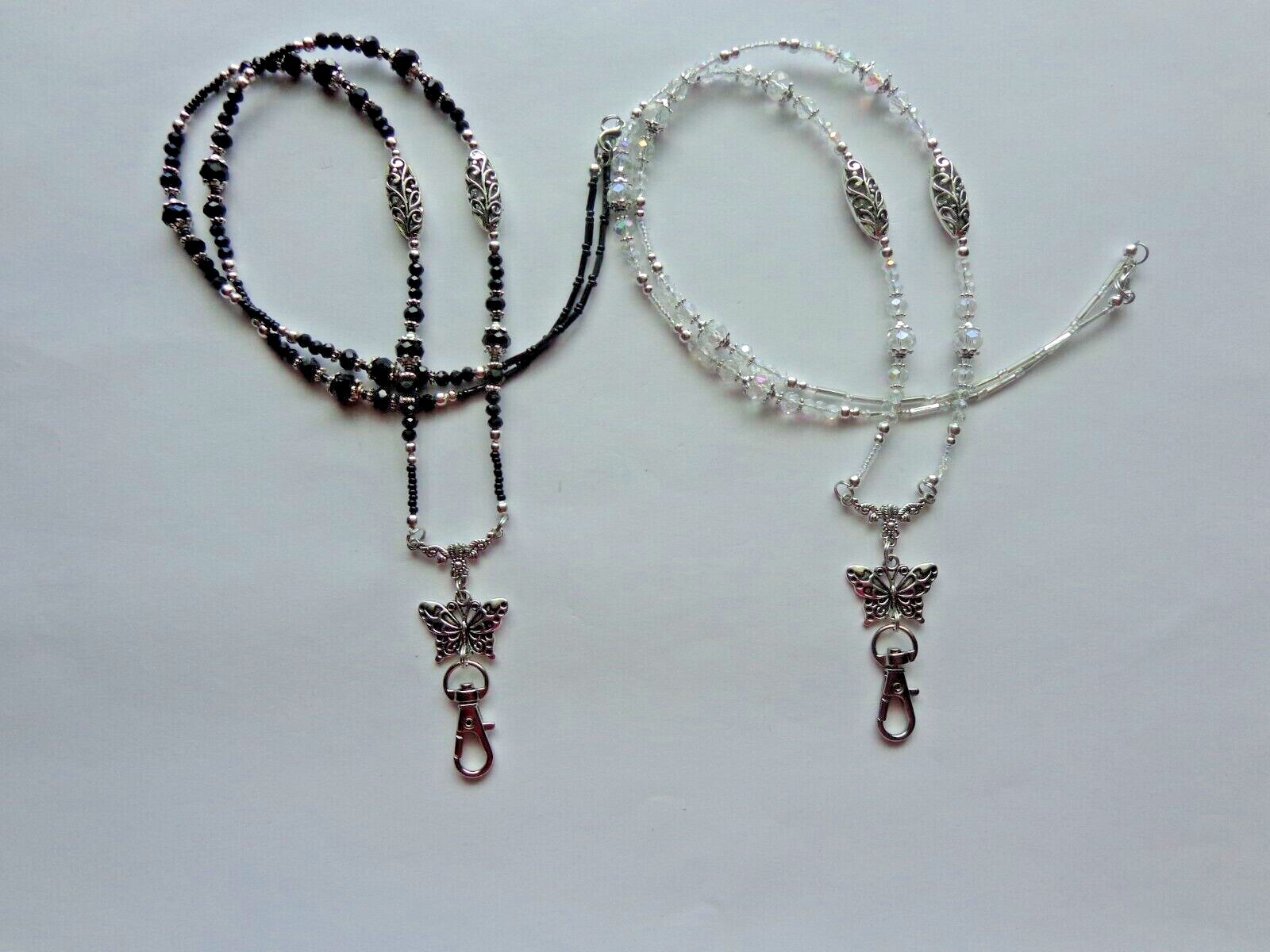 BUTTERFLY BLACK CLEAR CRYSTAL BEADS BEADED LANYARD ID BADGE HOLDER LOBSTER CLASP
