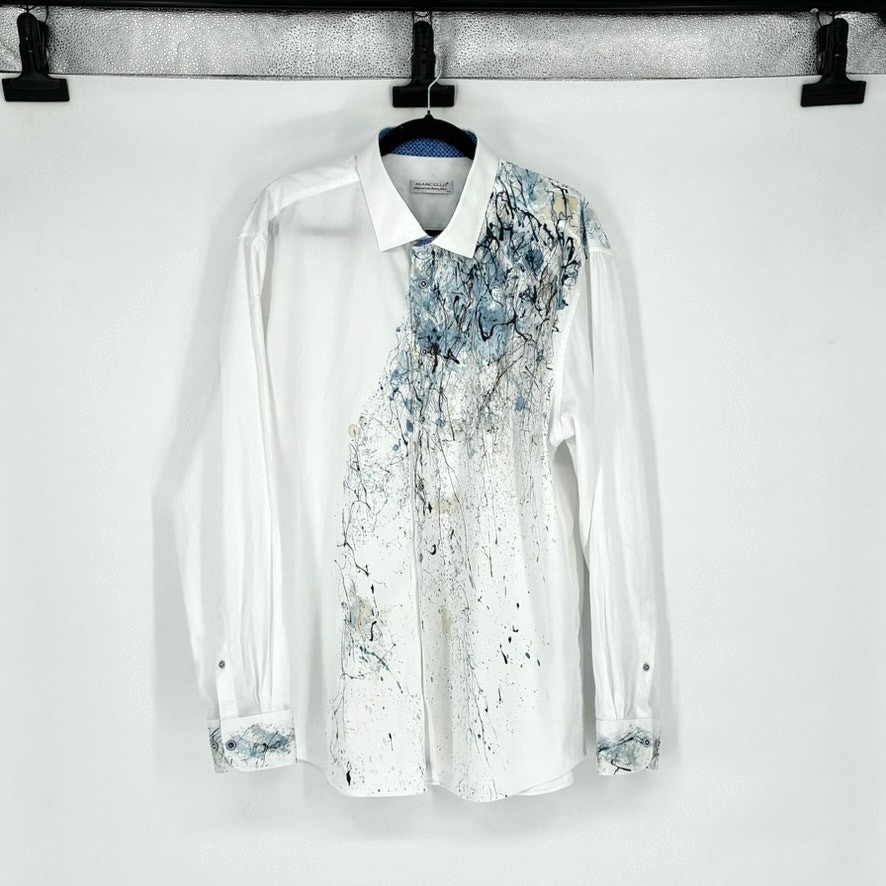 Marcello Men’s Abstract Art Hand Painted White Dress Shirt – Size 3XL