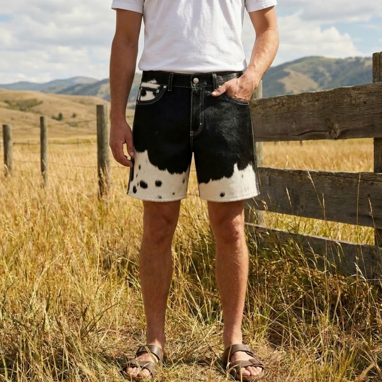 Men’s Natural Cowhide Hair On Leather Shorts Black White Western Rodeo Pants
