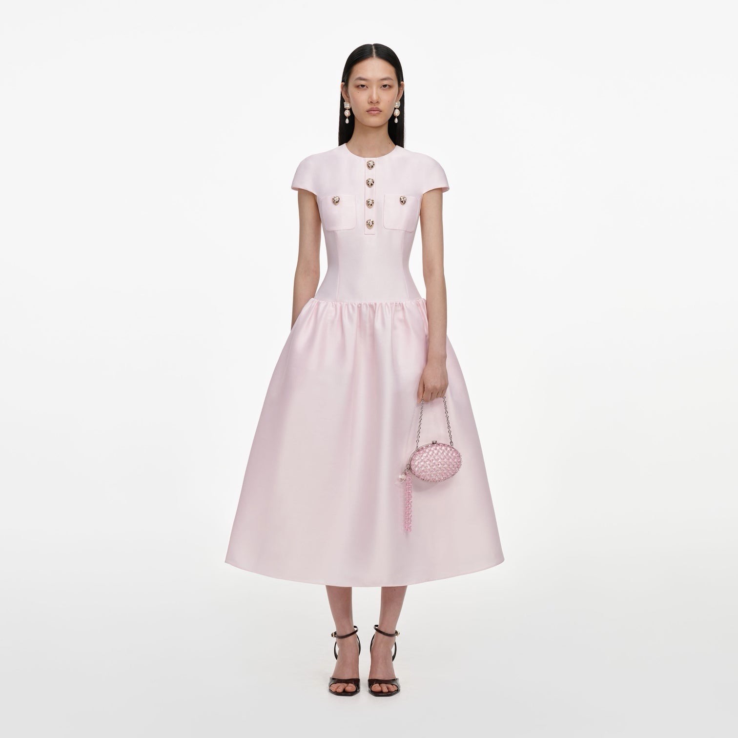 self portrait PINK TAFFETA BUTTONED MIDI DRESS $740 Size US 2 UK 6