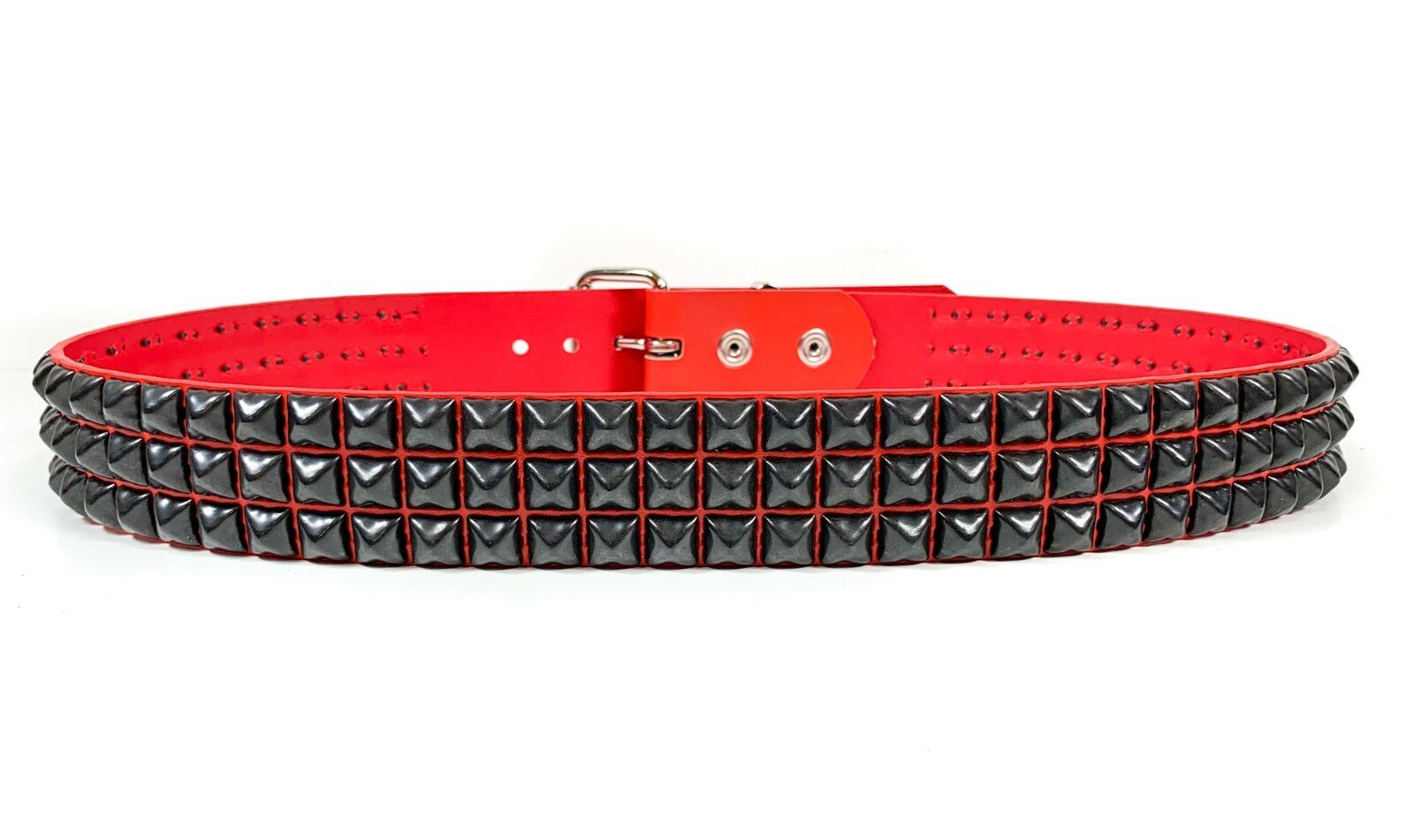 Vegan Red Leather Three Row Black Pyramid Stud Belt Punk Goth Metal Funk Plus