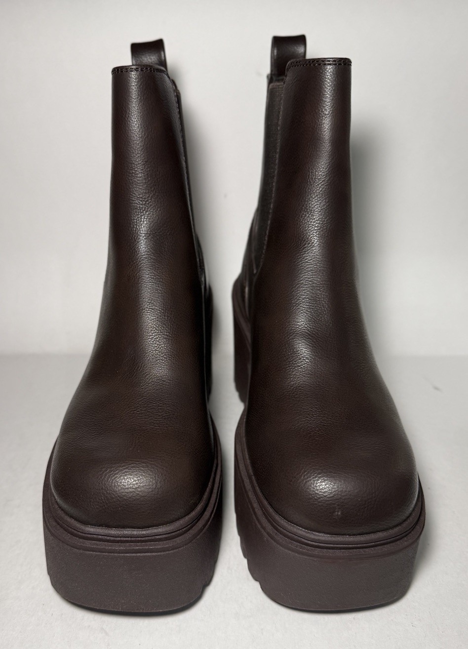 BURUDANI Chelsea Ankle Boots Pull On 4 inch Chunky Wedge Heel Brown Size 9 NEW