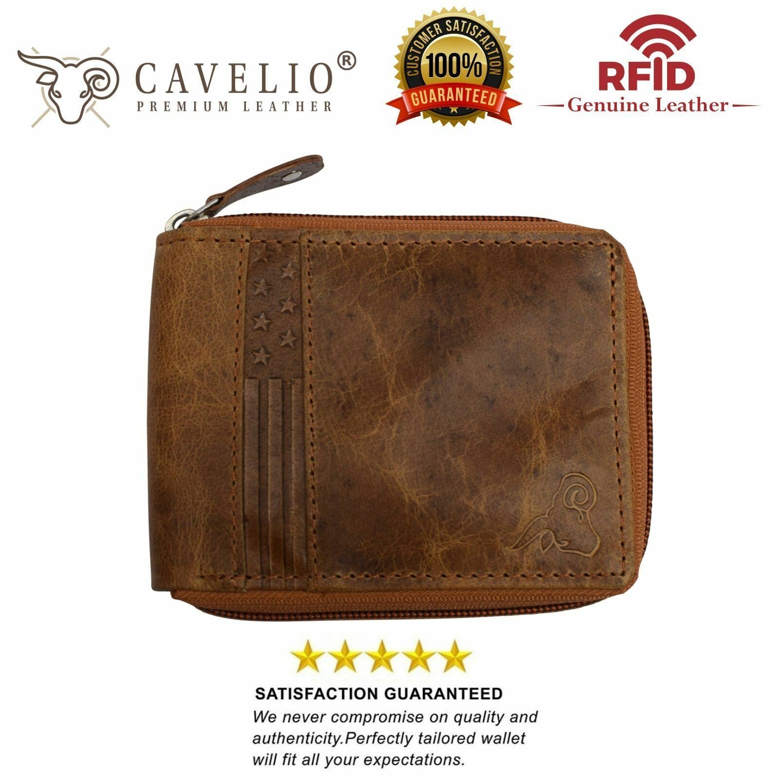 RFID Blocking Men’s Zipper Genuine Leather Zip-Around ID Bifold Wallet USA Serie