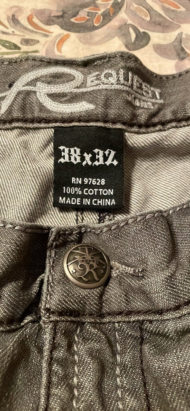 Request Men’s Premium Denim Straight Leg Jeans Gray Distressed Mid Rise 5-Pocket