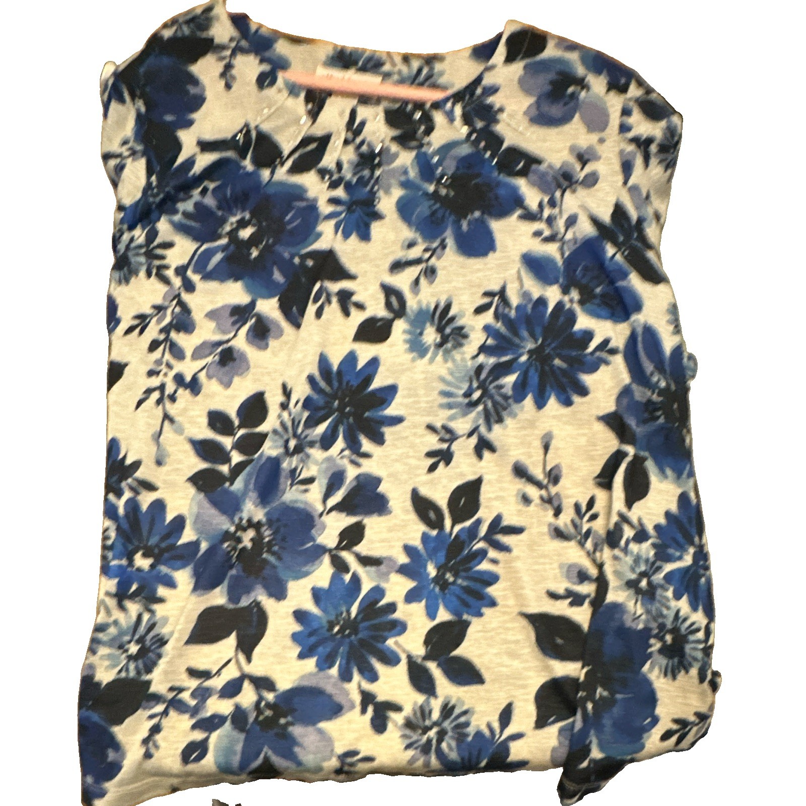 Alfred Dunner 3X Gray/Blue/Black Floral Studded Split Neck 3/4 Sleeve Knit Top