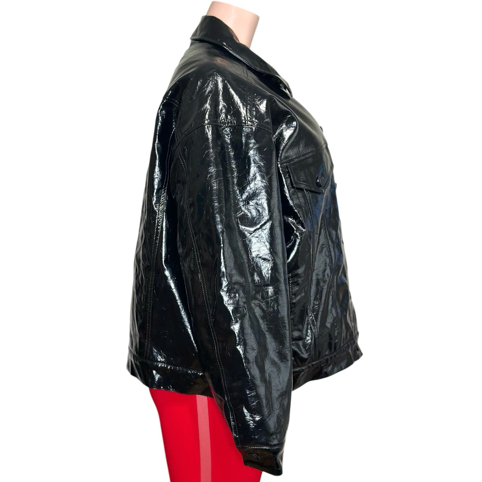 $225 NWT GOOD AMERICAN Faux Crinkle Leather Oversized Puffer Jacket, Black, L/XL