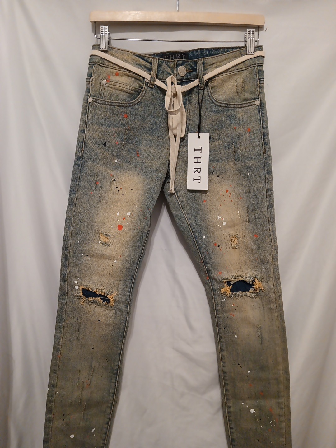 THRT Citrus Denim Jean Men 28 Blue Paint Splatter Slim Leg Distressed Drawstring