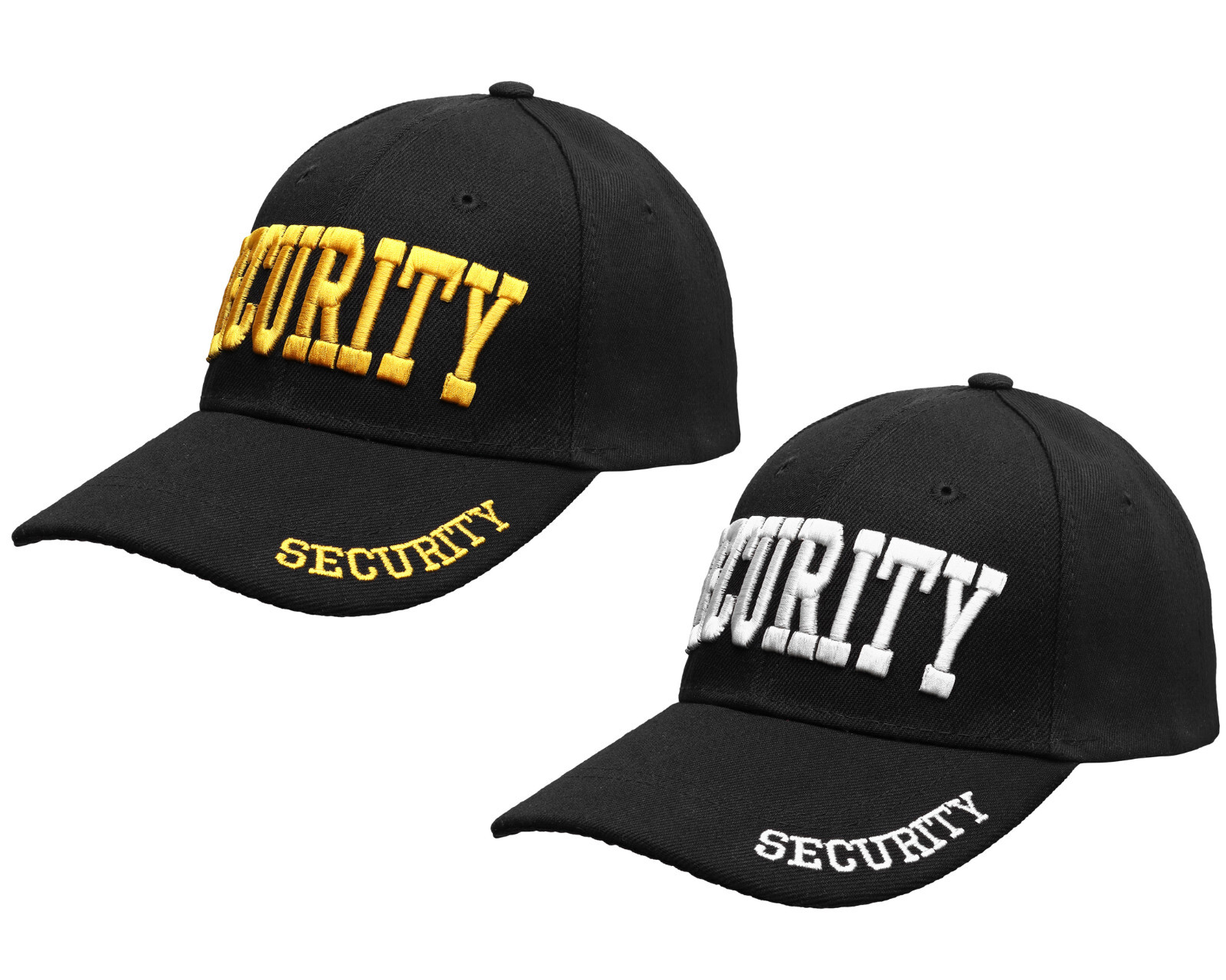 Security Hat Baseball Cap Gold White Embroidery Front Bill Back Adjustable Size