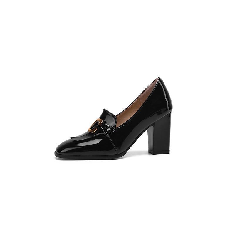 Womens Square Toe Mid Heel Slip On Dress Loafer Pumps Office Shiny Leather Shoes