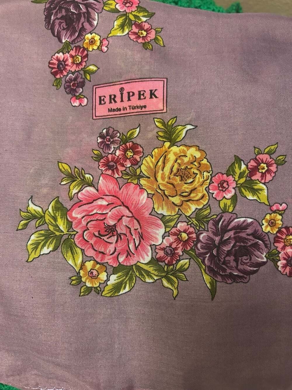 Eripek Purple Floral Print Silk Scarf with Oya Lace Edging