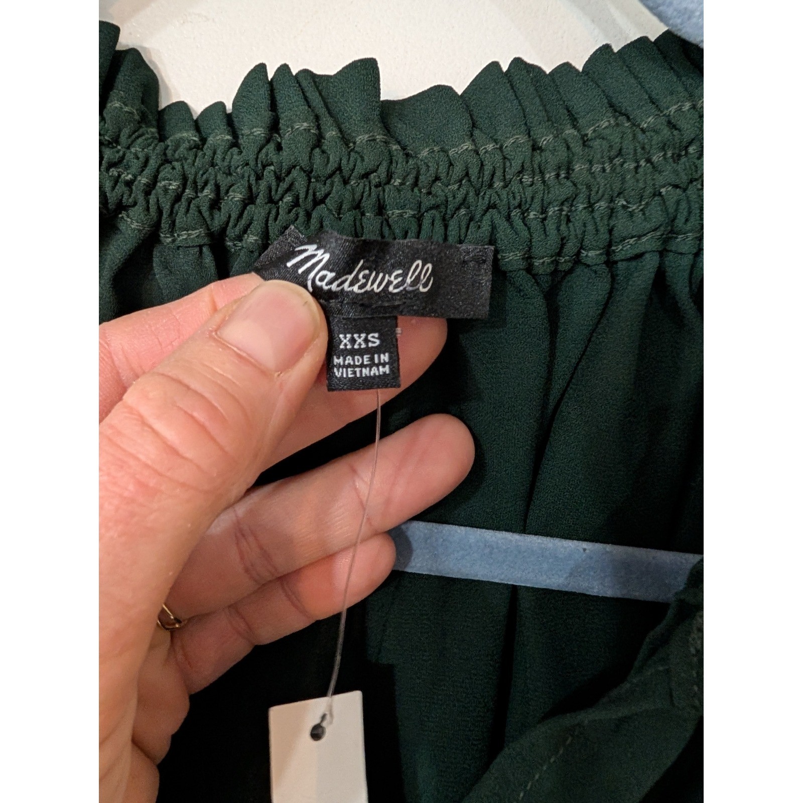 Madewell Womens XXS Dark Green Blouse Long Sleeve Smocked Neck Ruffle Cuffs NWTs