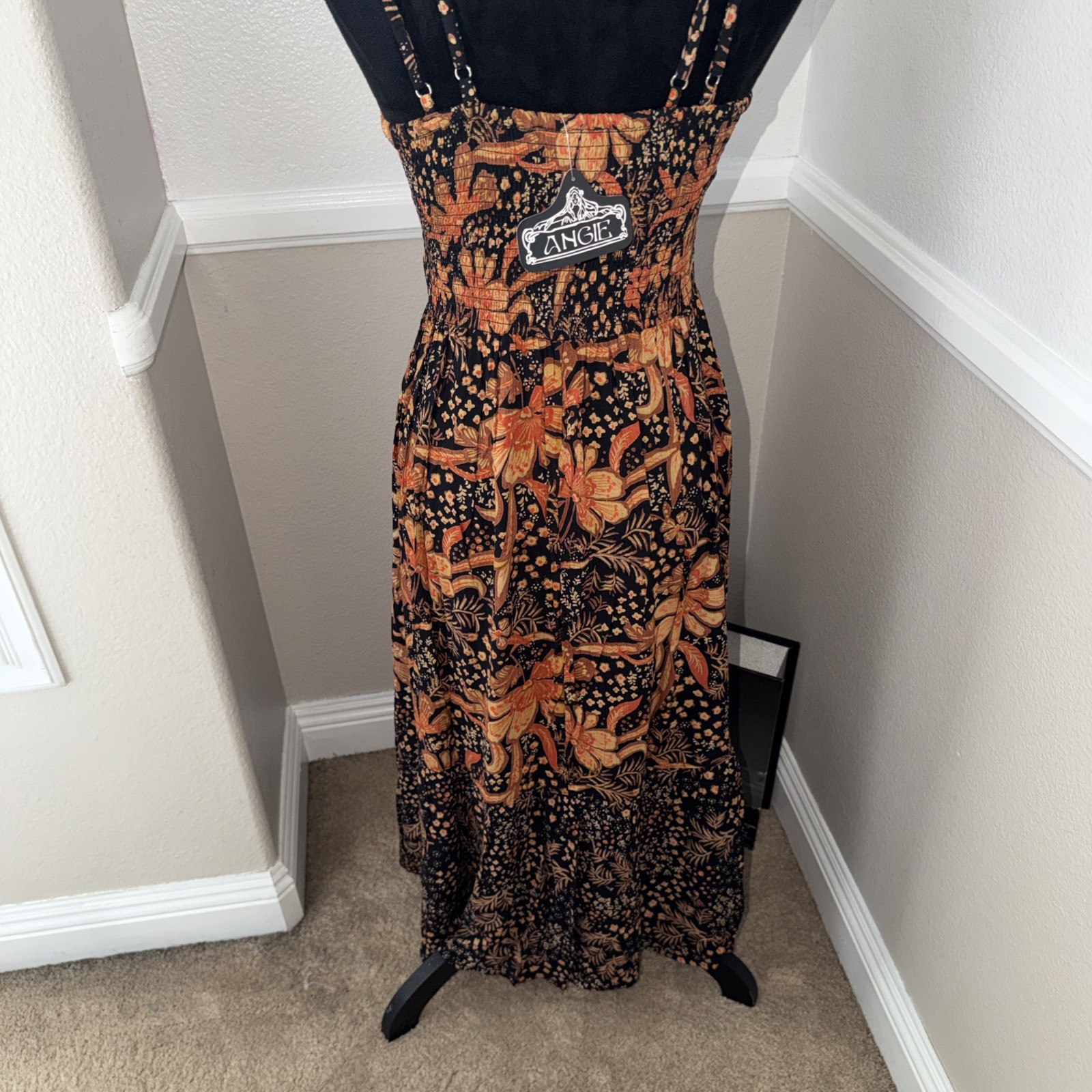 NWT Angie Boho Cottage Floral Smocked Crochet Front Maxi Dress Black $78 Small