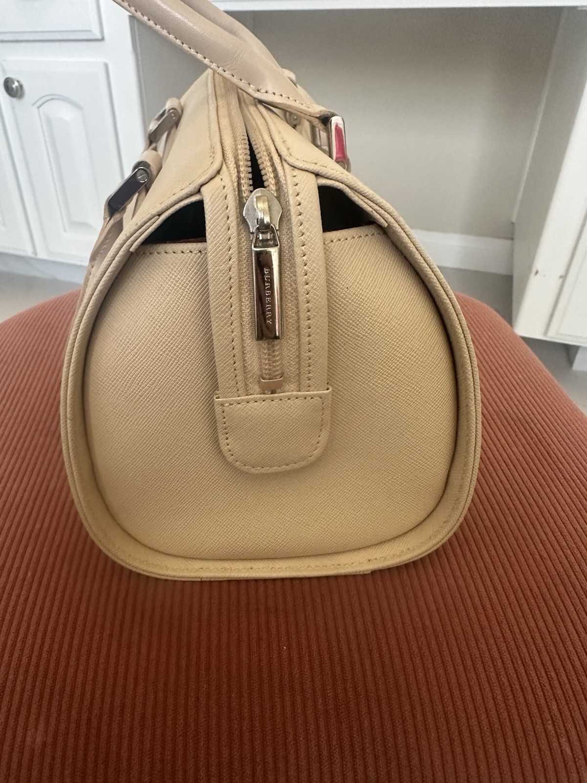 Burberry Beige Small Satchel Top Handle Zip Check Lined Inner Pockets W/COA
