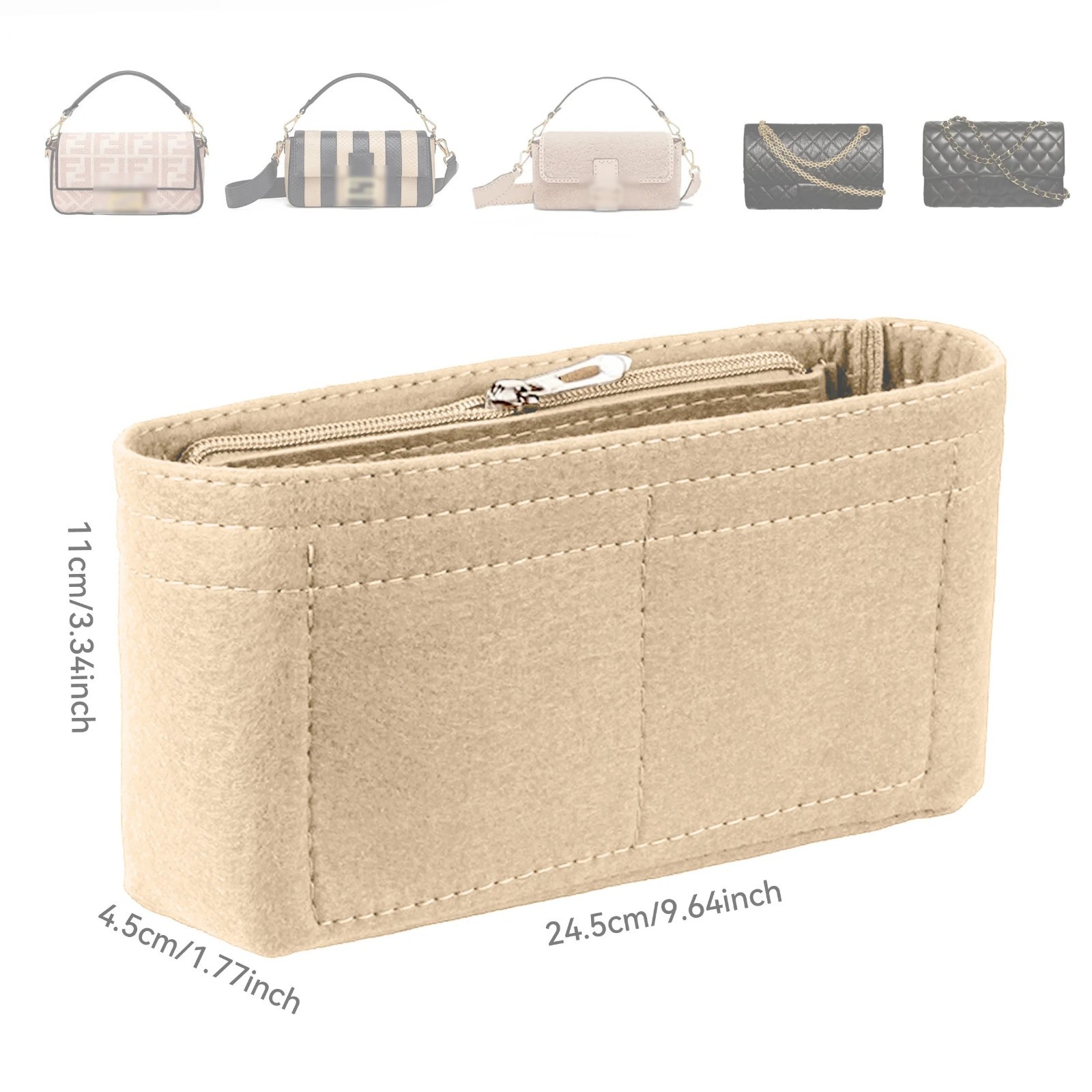 Felt Bag Organizer Insert with Zipper Multi Pocket Purse Liner Handbag Organizer