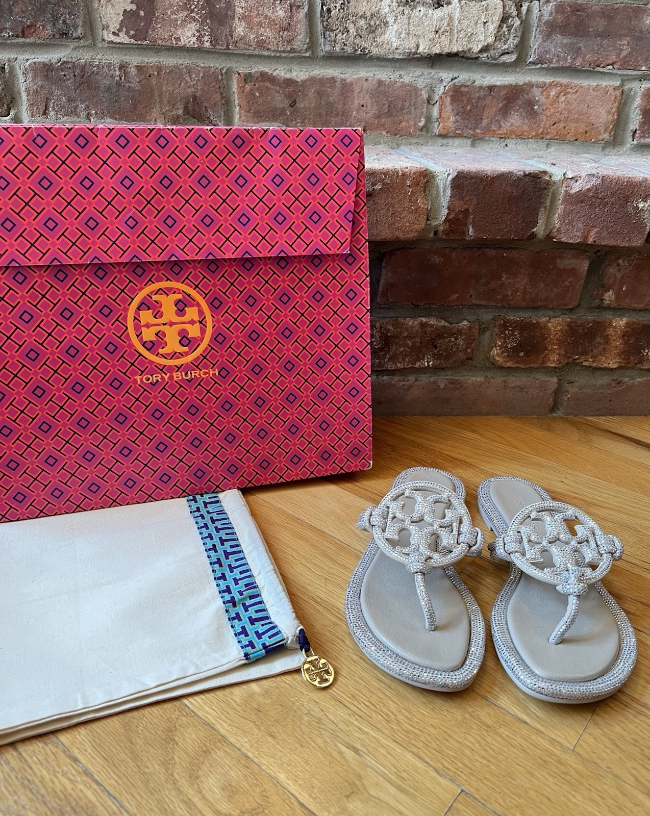 Tory Burch Stone Gray Miller Pavé Crystal Knotted Sandals