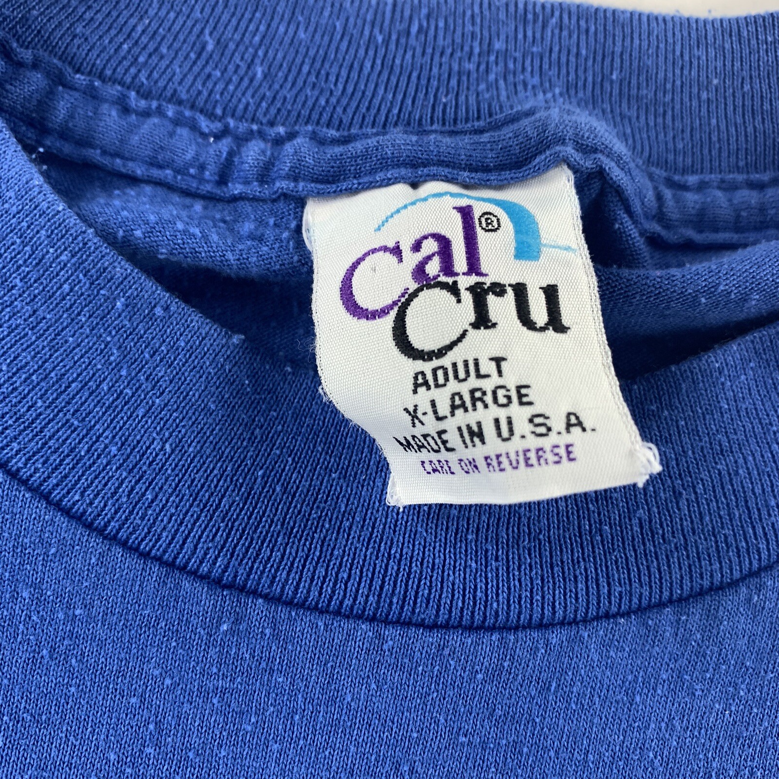 Vintage 90s Cal Cru Single Stitch Blank Blue T Shirt XL Made In USA 50/50