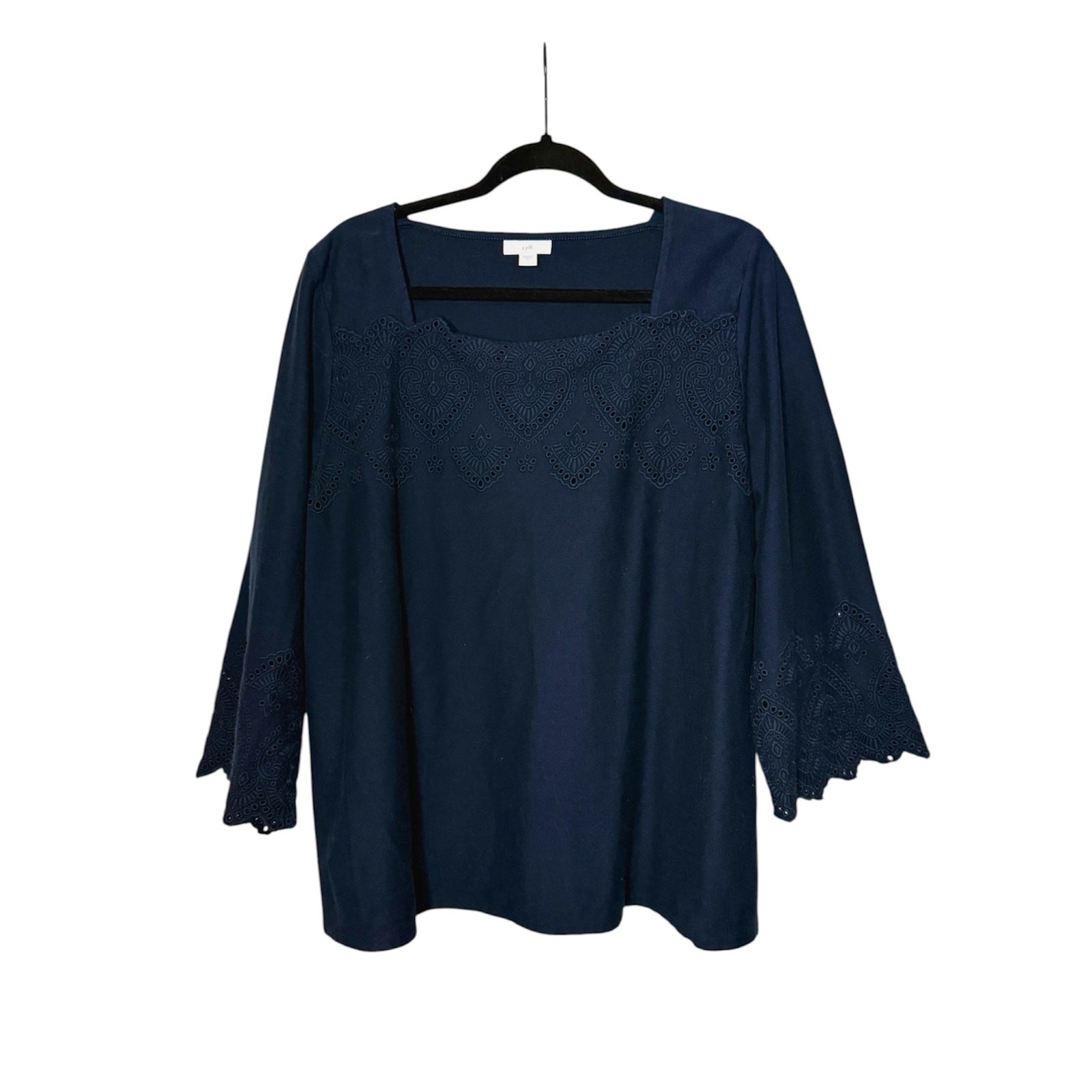 J. Jill Women’s Sz L Eyelet Lace Trimmed Top Navy 3/4 Sleeve Square Neck Cotton