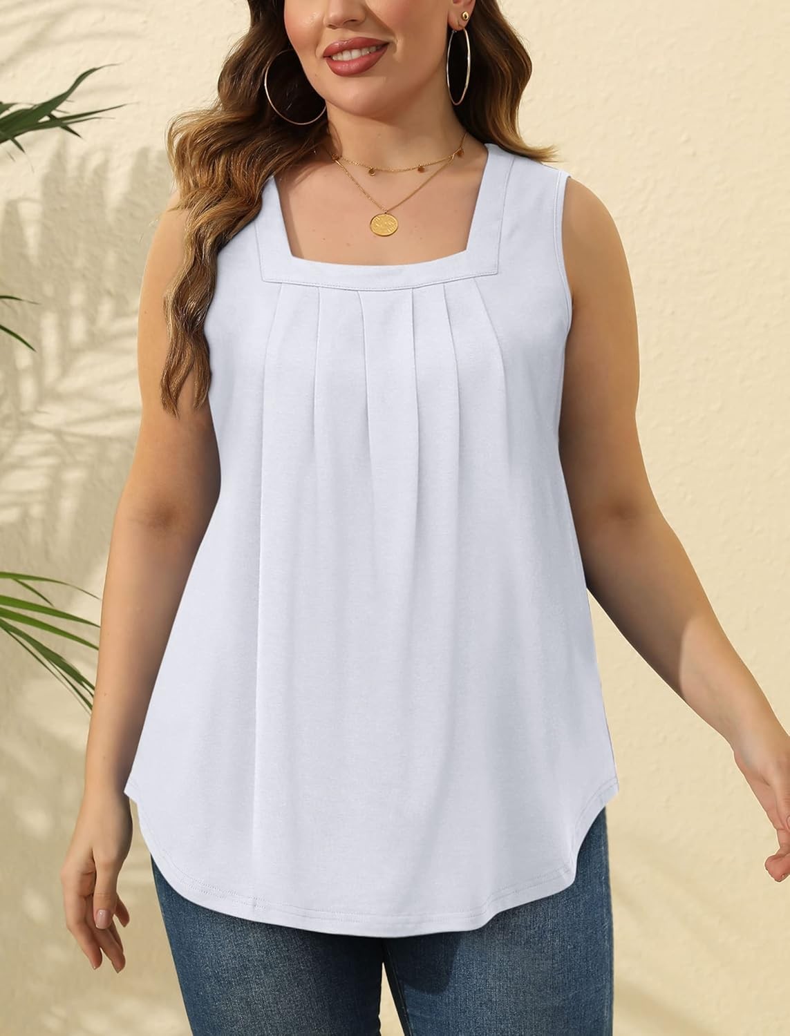 Tee Women’s Square Neck Top Casual Pullover Tank Pleated Tops Color Solid Summer