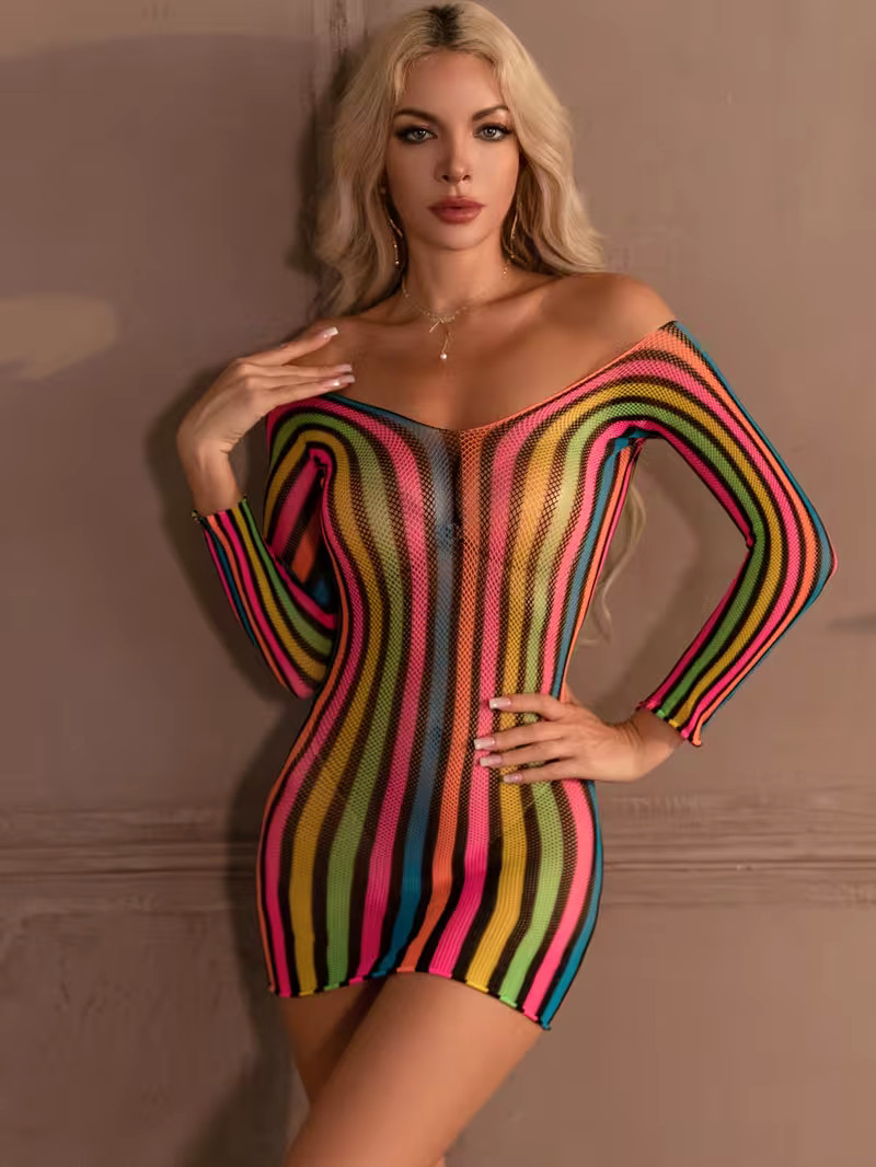 NEW 1-Size Sheer Party Extreme-Mini Dress Transparent Colorful Fishnet Poly Knit
