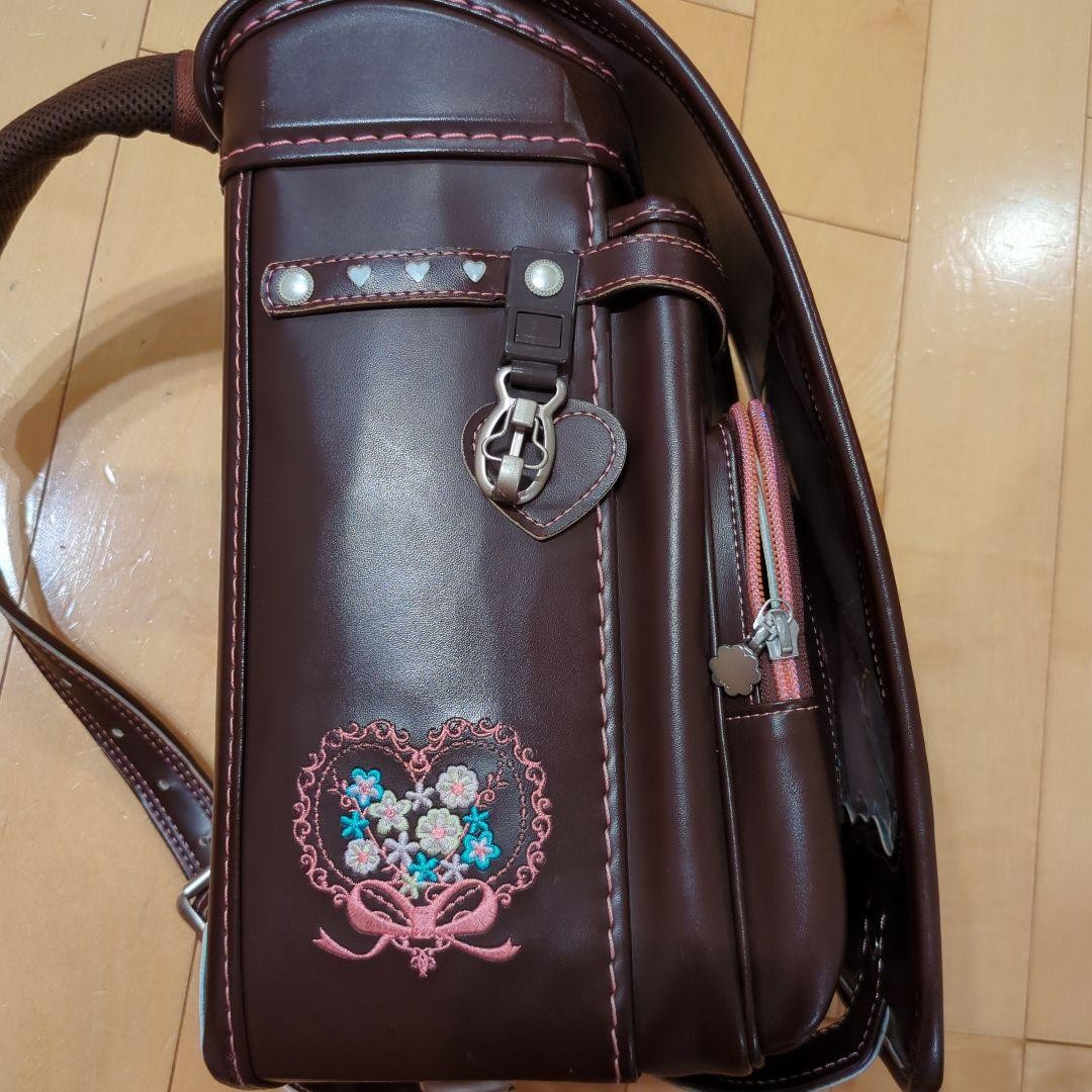 Japanese Randoseru (Backpack) School Bag 7424 Dark Brown with Heart Embroidery