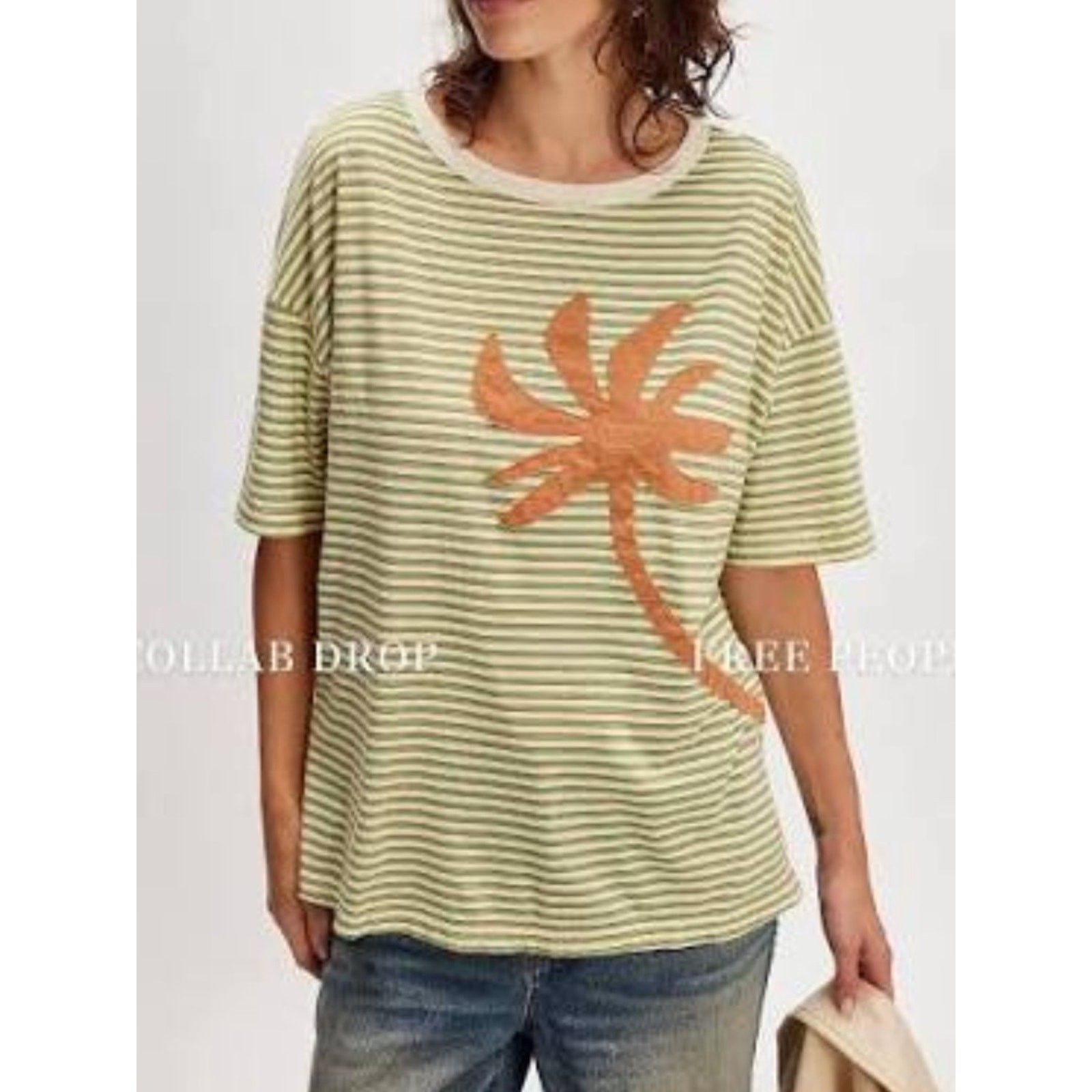 NWOT Free People Striped Palm Appliqué Tee in Beach Combo Size XS