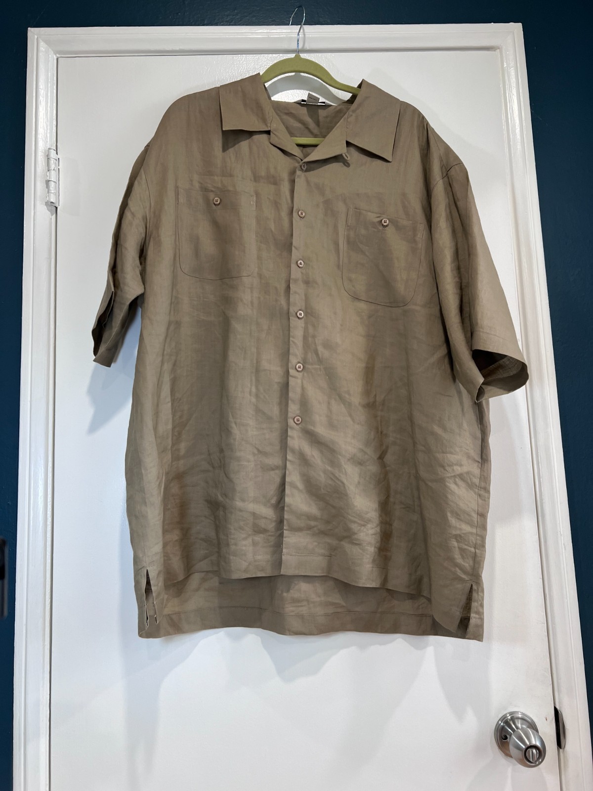 Linea Uomo Men’s 2XLT Tall Brown 100% Ramie Short Sleeve Button Down Camp Shirt
