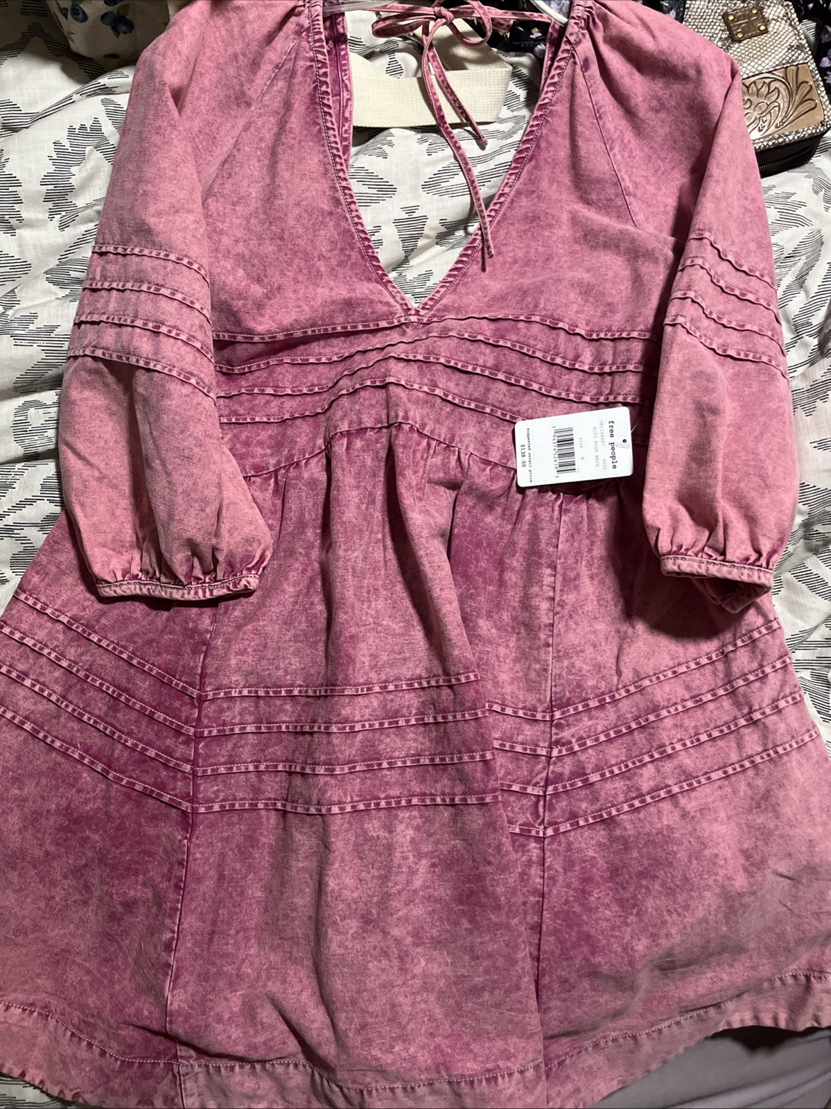 New Free People Acid Rose Wash Baby Doll Peasant Jean Dress Sz M Mini Orig $138