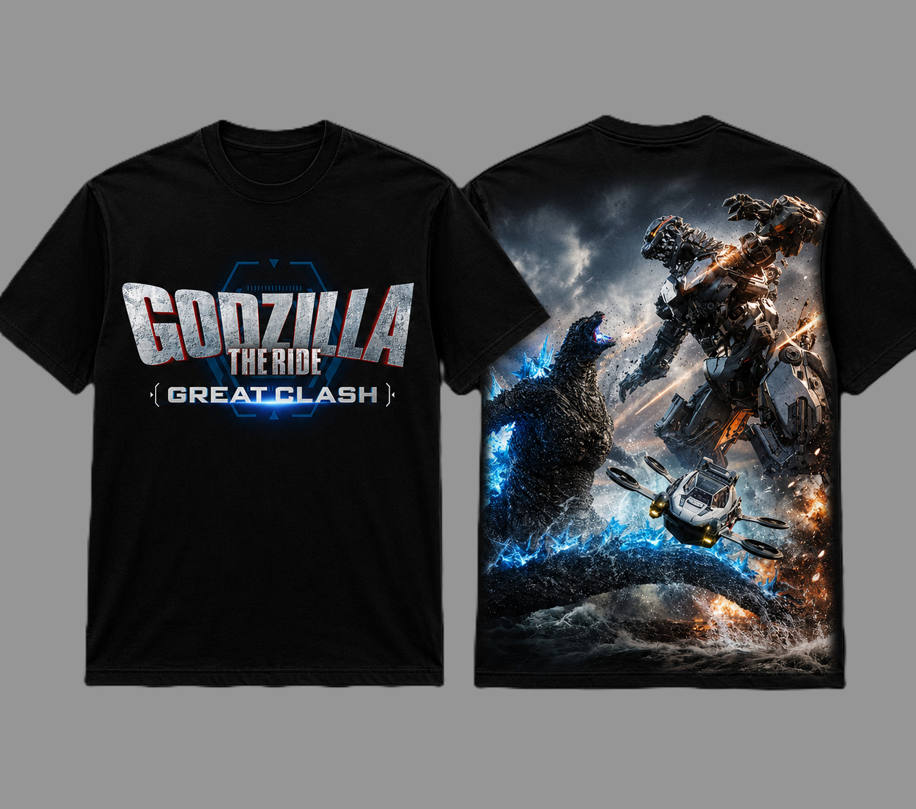 Godzilla The Ride Great Clash Double Sided Graphic T-Shirt Kaiju Monster Tee