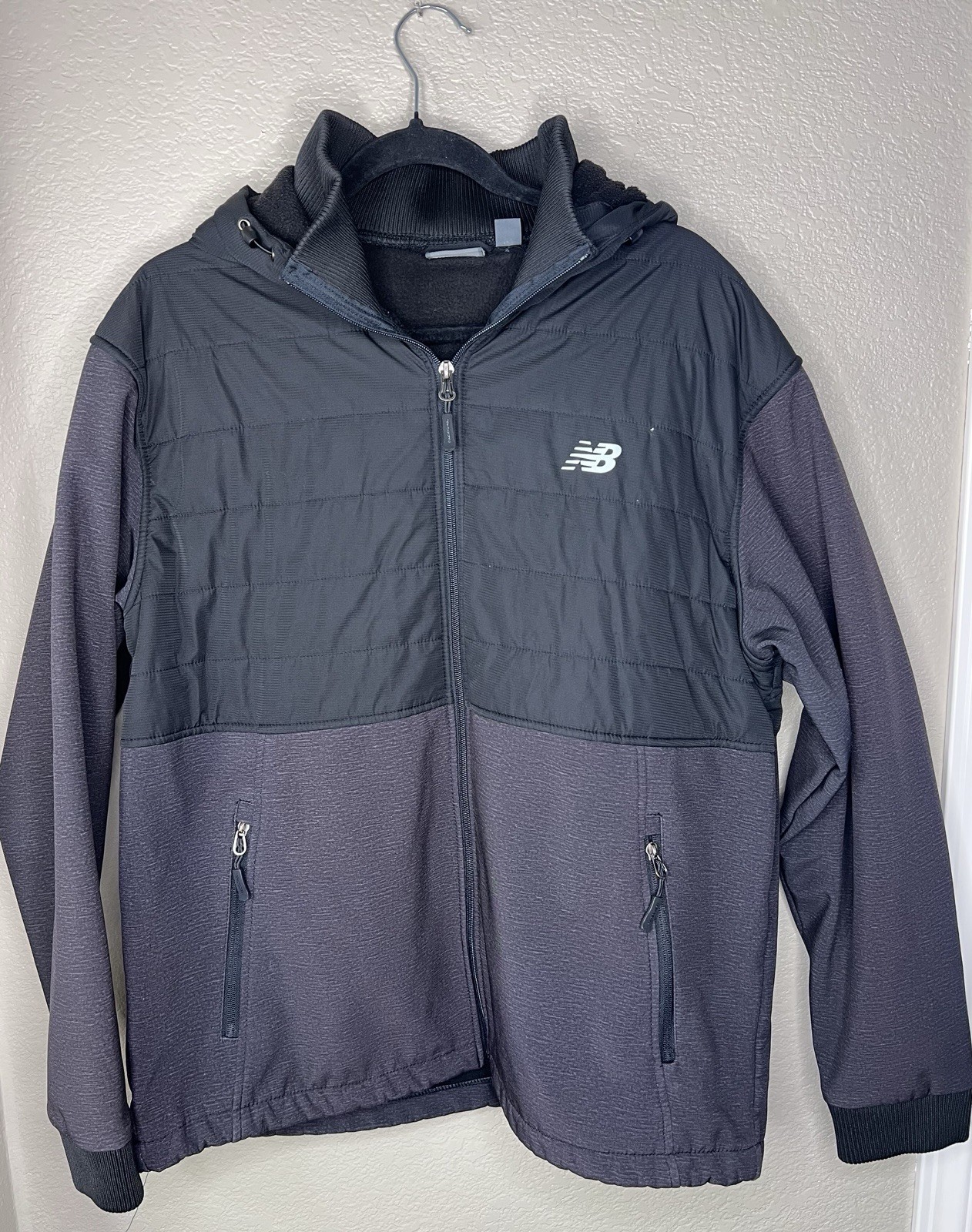 New Balance Men’s L Hybrid Quilted Hooded Jacket Black Fleece Full Zip