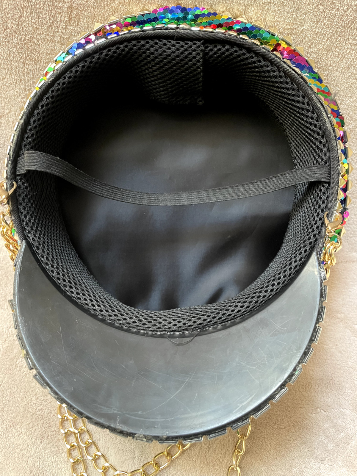 Hat Sequin Festival Military Punk Army Officer Cap 7 3/8″ Inner + Strap + Chains
