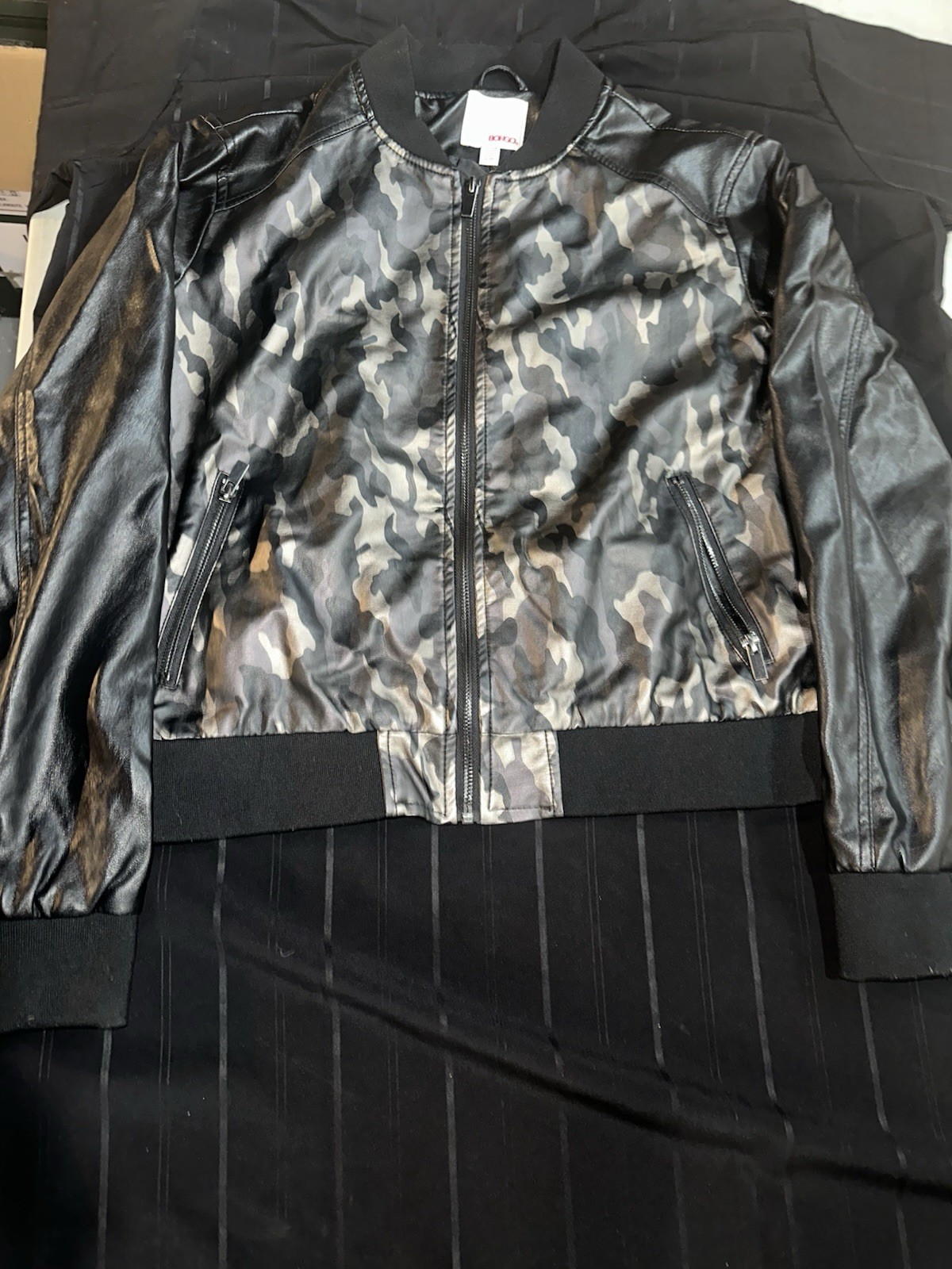 Bongo Womens Large Camo Bomber Jacket Faux Leather Metallic Grey Black Zip