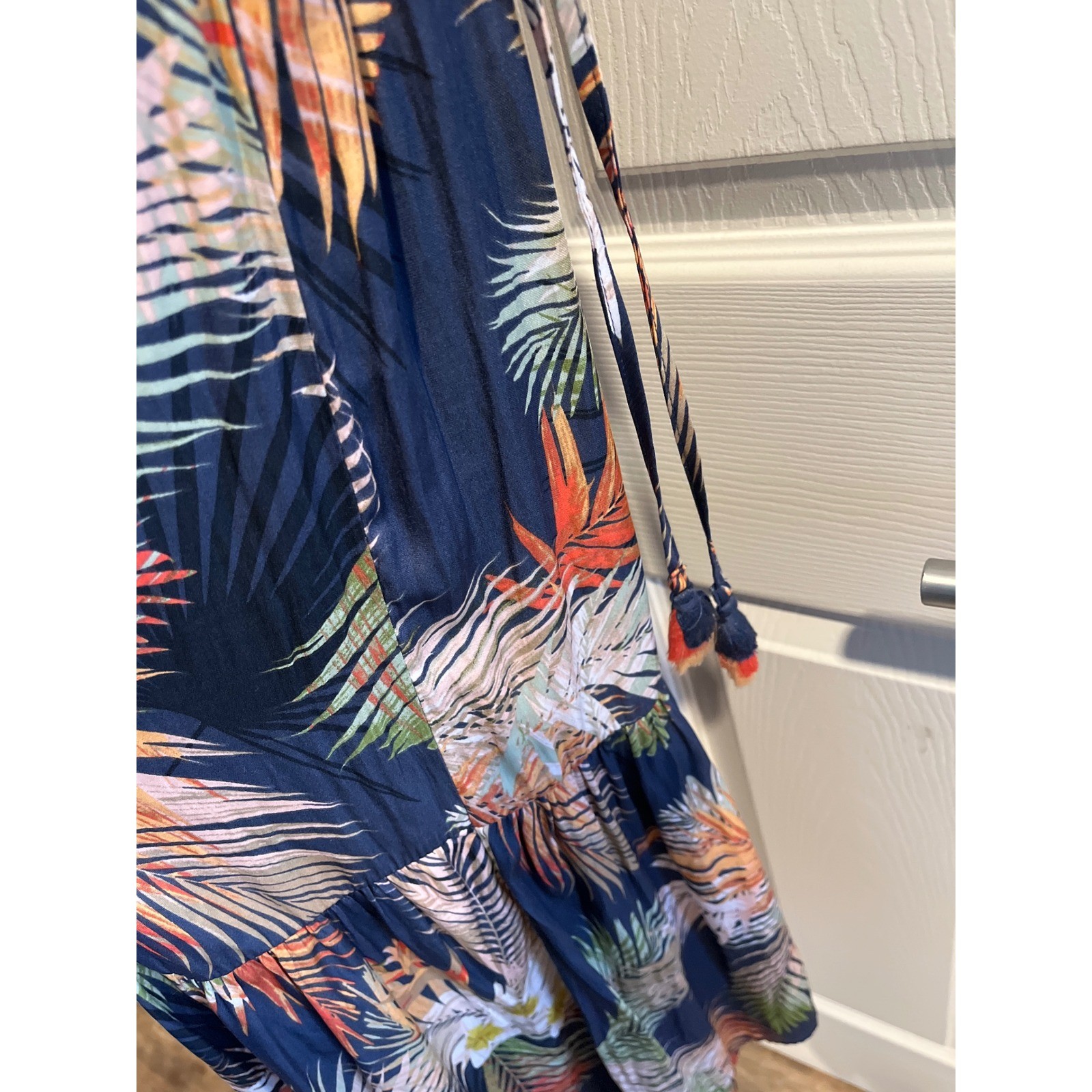 Terra & Sky Navy Tropical Palm Print Smocked Tiered Maxi Dress Sleeveless Womens