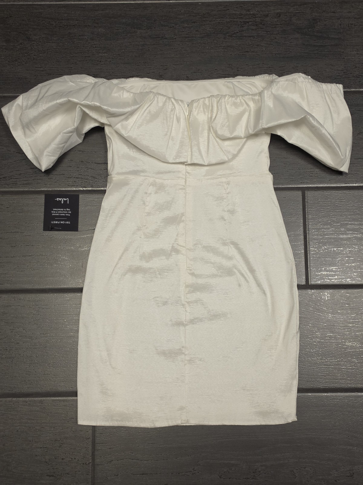 LULUS White Satin Off-Shoulder Ruffle Puff Sleeve Bodycon Mini Dress S
