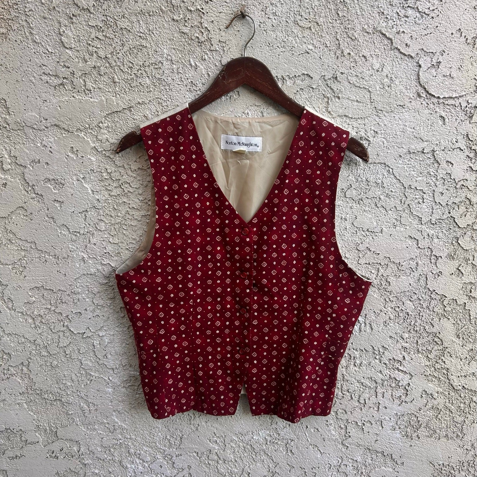 Vintage Norton McNaughton Dark Red Print Button Front Vest Womens Medium