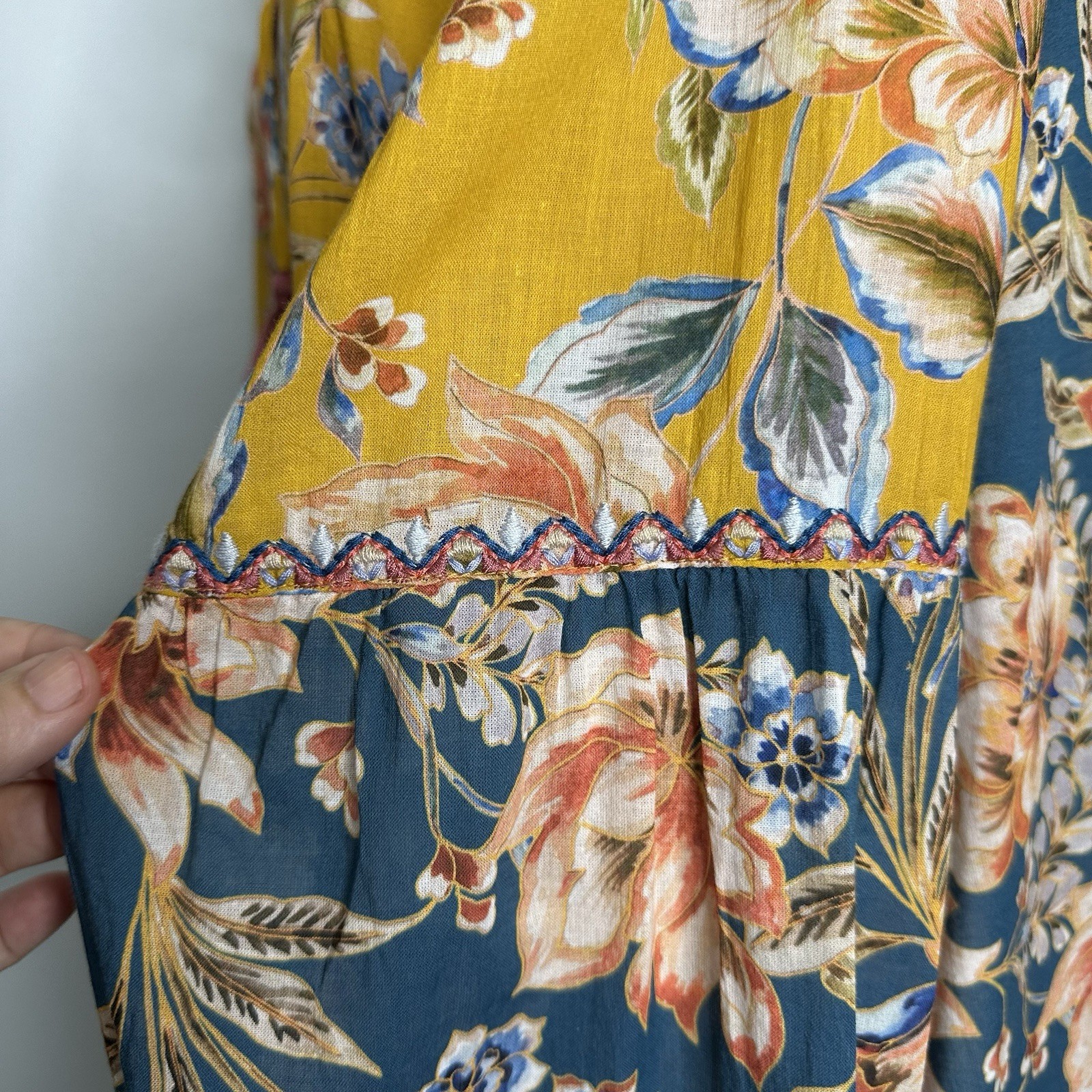 Johnny Was Effortless Peasant Blouse 100% Cotton Mustard Floral Multi Top L/XL