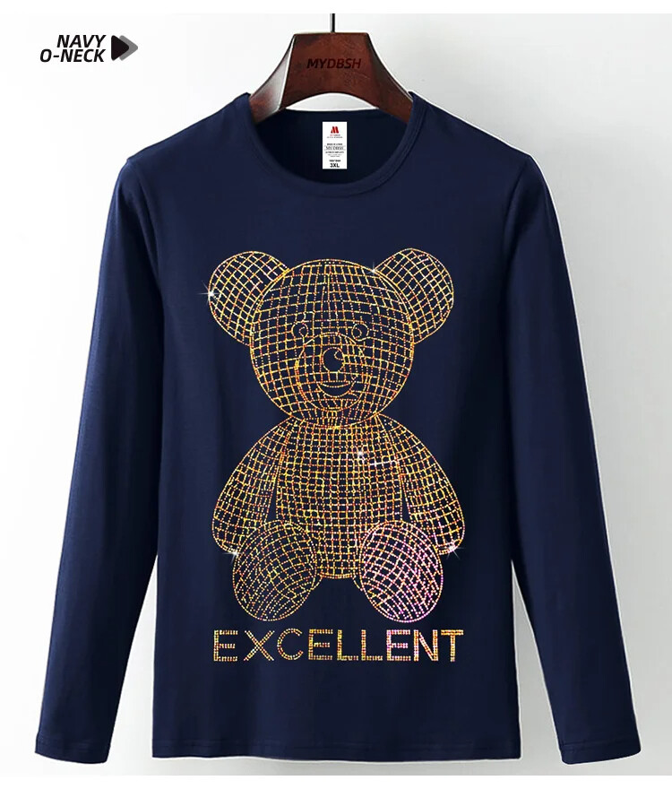 Fashion Trend Bear Rhinestones Streetwear Long Sleeve Luxury Men V-Neck T-Shirt