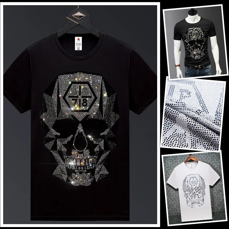 New Fashion Skull Rhinestones Summer Short Sleeve Luxury Men Streetwear T-Shirt