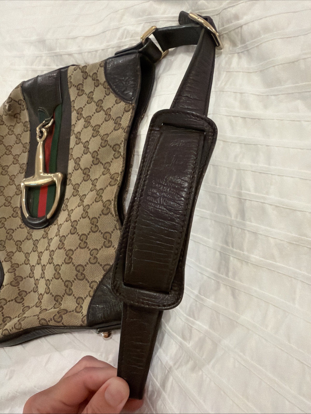 Gucci Heritage Horsebit Hobo In GG Canvas, Brown Leather Gold Bit