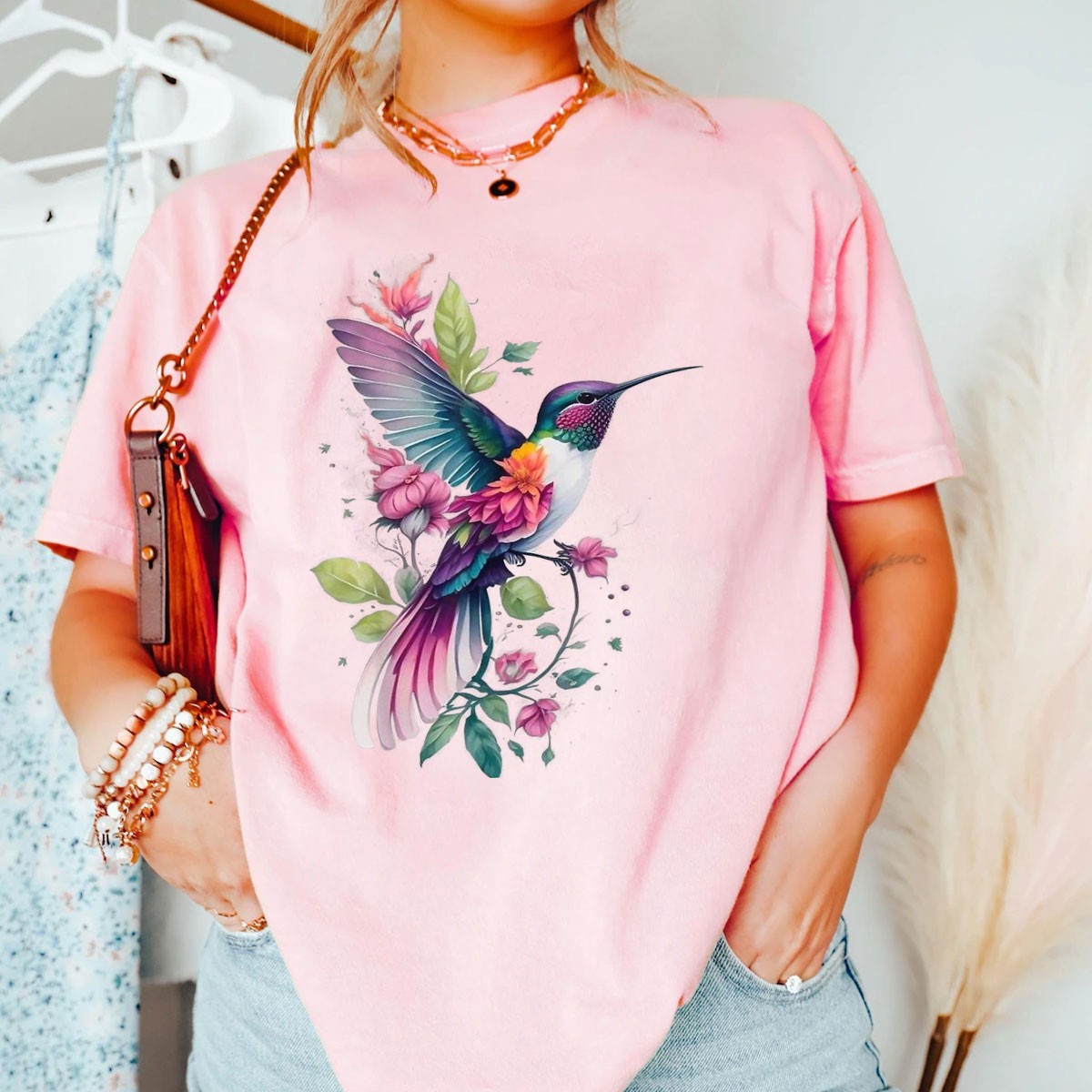 Floral Humming Bird Flowers Tie Dye Shirt Colorful Hummingbird Gift Tee