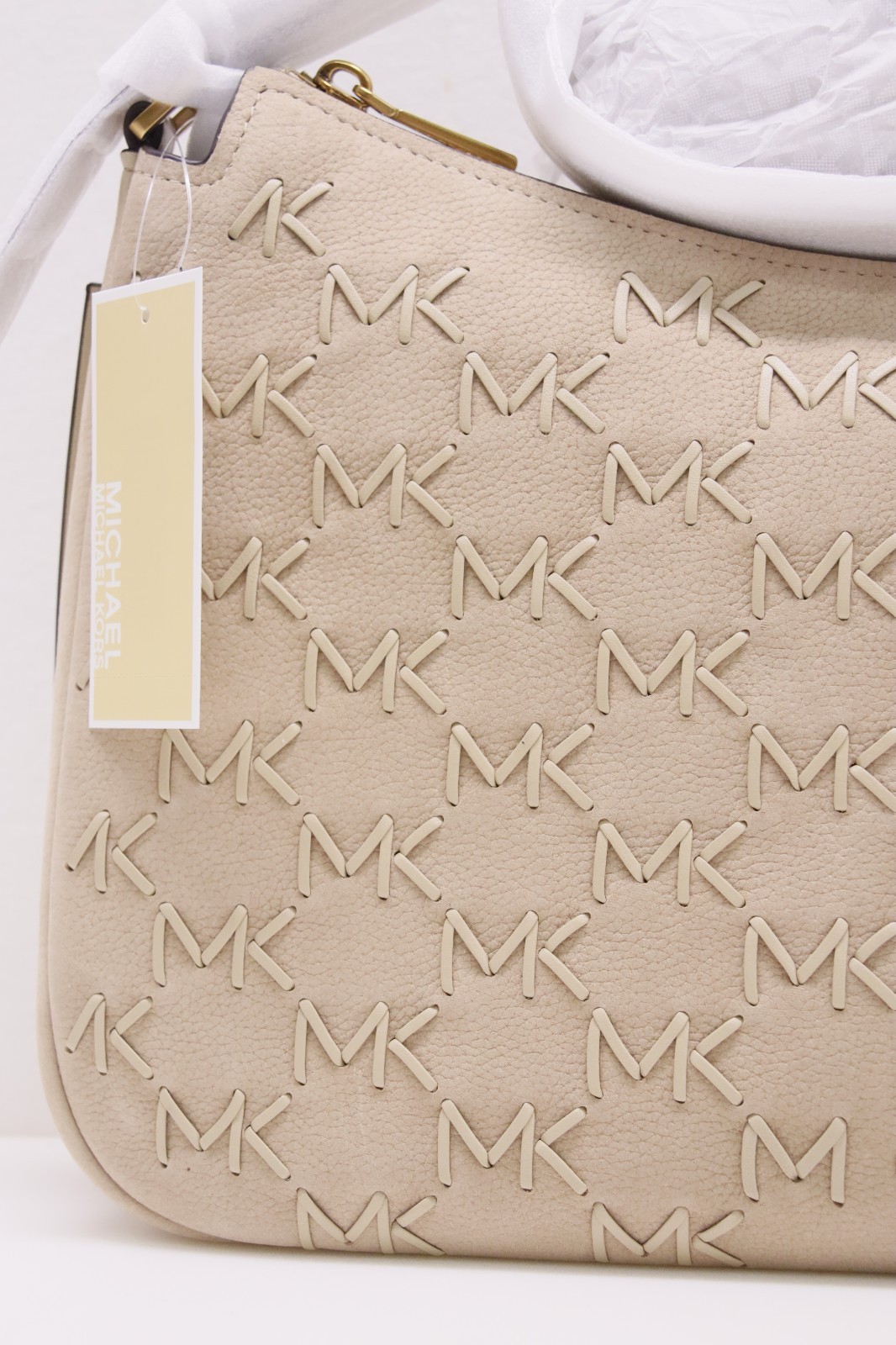Michael Kors Nolita Medium Whipstitched Logo Leather Shoulder Bag – Khaki – New