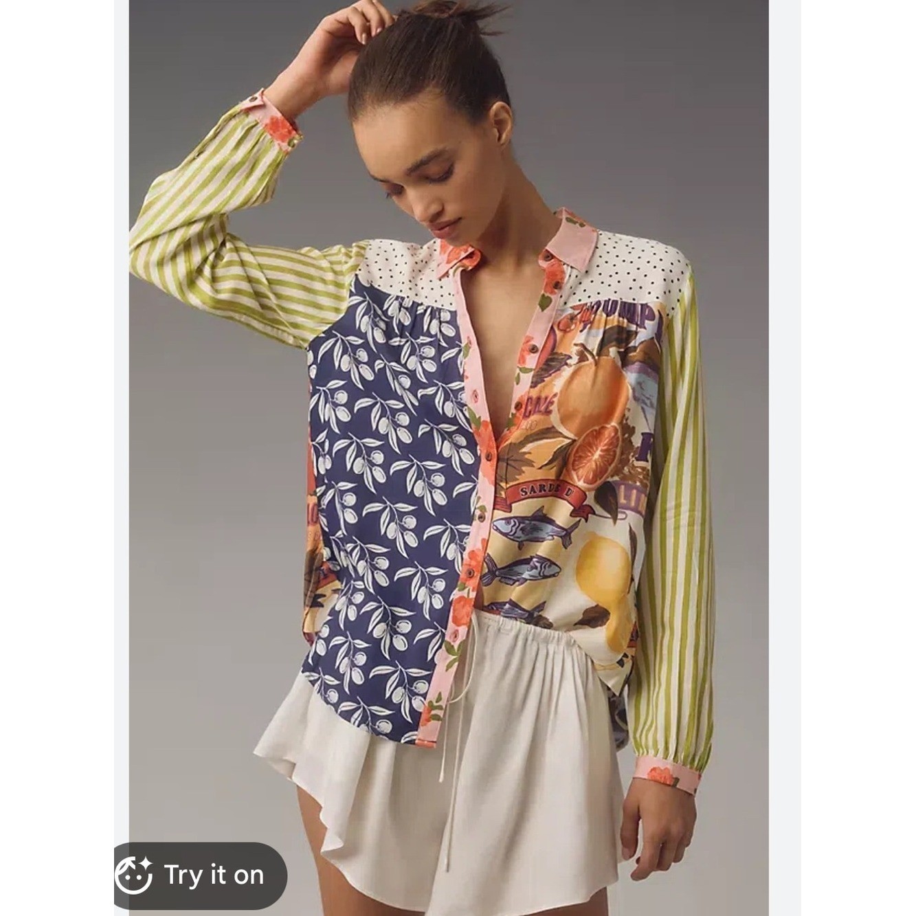 Maeve Anthropologie The Paz Mixed-Print Button-Down Shirt in Navy, Green & Pink