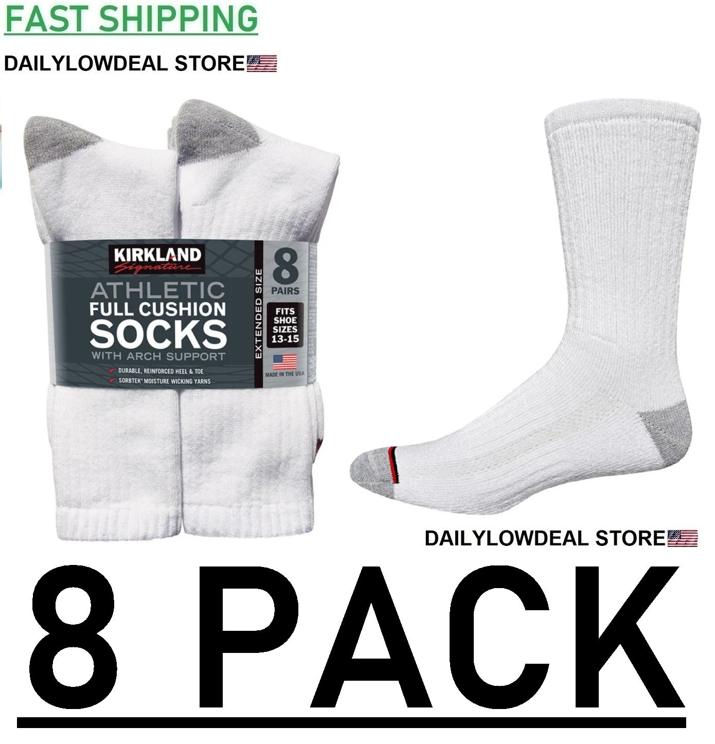 Kirkland Signature Men’s Athletic Sock 8 Pair White Color – Made in USA** NEW***