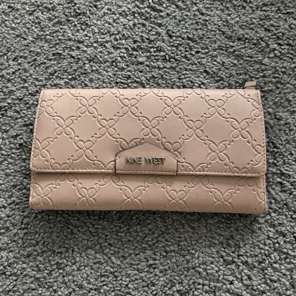Nine West Beige Logo Embossed Folding Wallet w/ Zip Pocket, Credit Card Slots