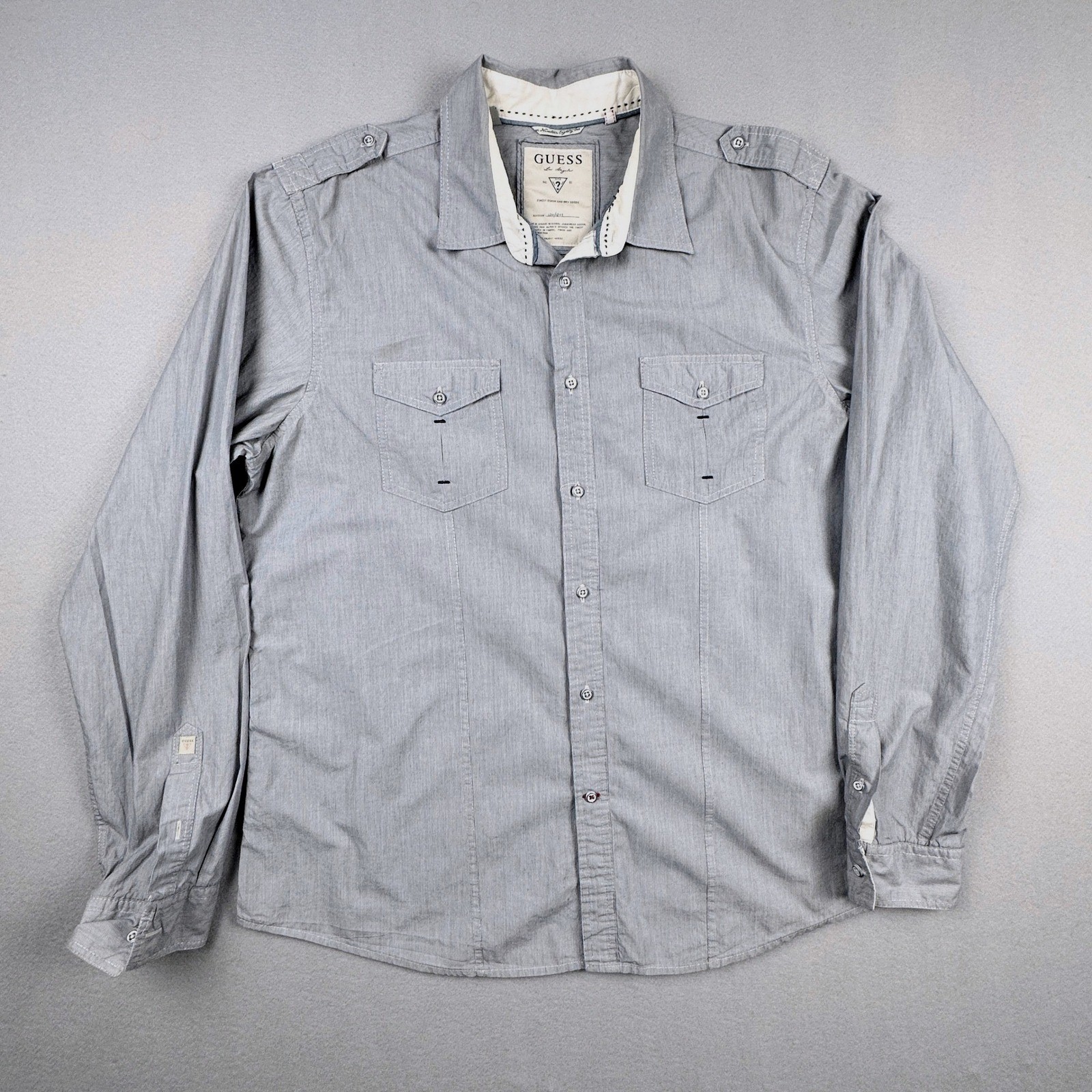 Guess Los Angeles Mens XXL Grey Pinstripe Military Button Down Shirt Epaulettes