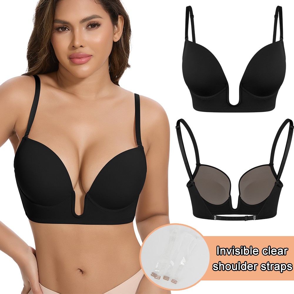 Deep U Plunge Push Up Bra Backless Women Invisible Under Low Cut Dress Underwire