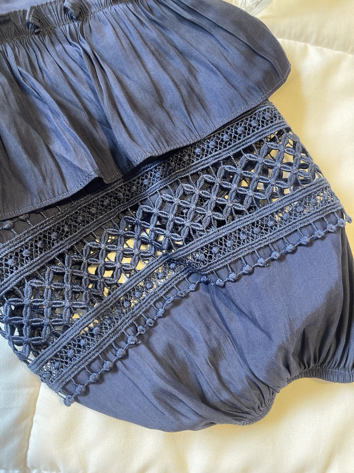 Ramy Brook New York Blue Solid Mini Dress S V-Neck Smocked Balloon 3/4 Sleeve