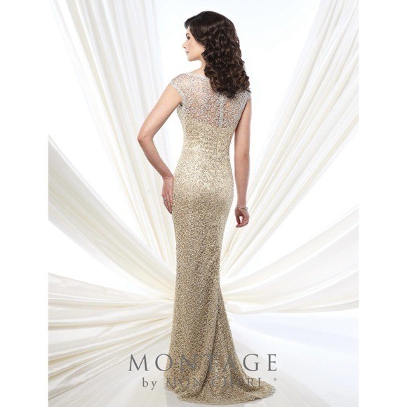 Montage By Mon Cheri Sequin Lace Maxi Evening Gown Dress Golf Sheath Cap Sleeve
