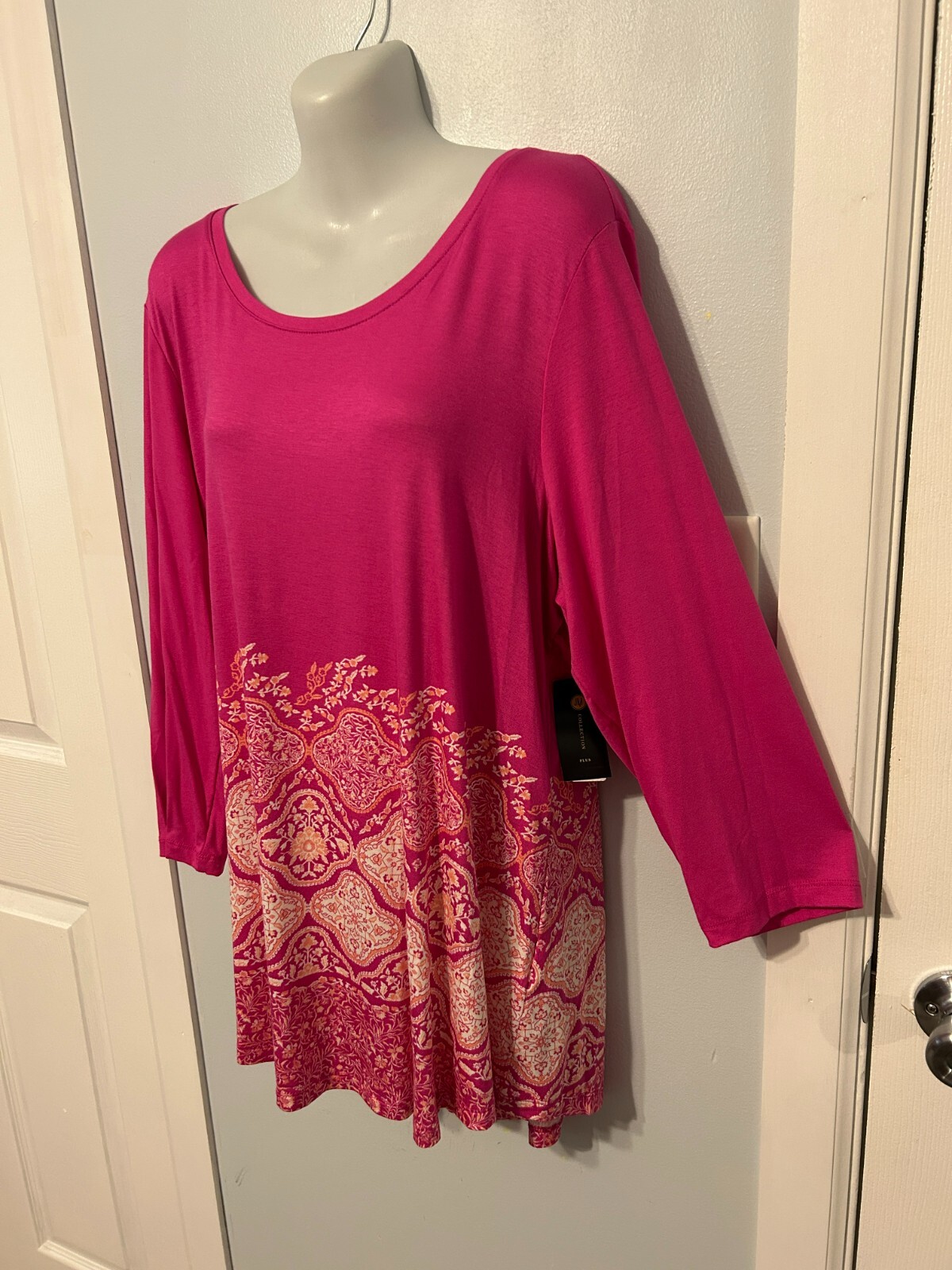 NWT JM Collection Petunia Pink Floral Stretchy Top with 3/4 Sleeves Plus Size 1X
